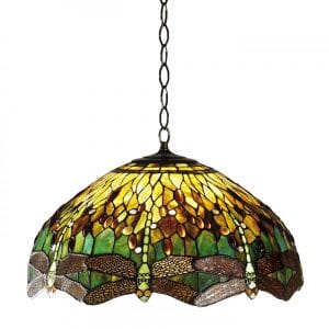 GREEN DRAGONFLY - 3 Light Tiffany Ceiling Pendant On Antique Bronze Frame