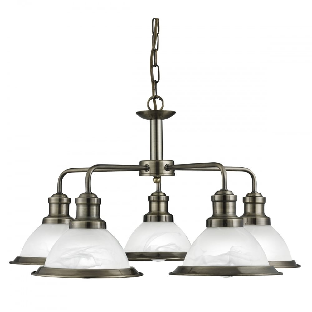 BISTRO - 5 Light Industrial Ceiling Antique Brass Marble Glass