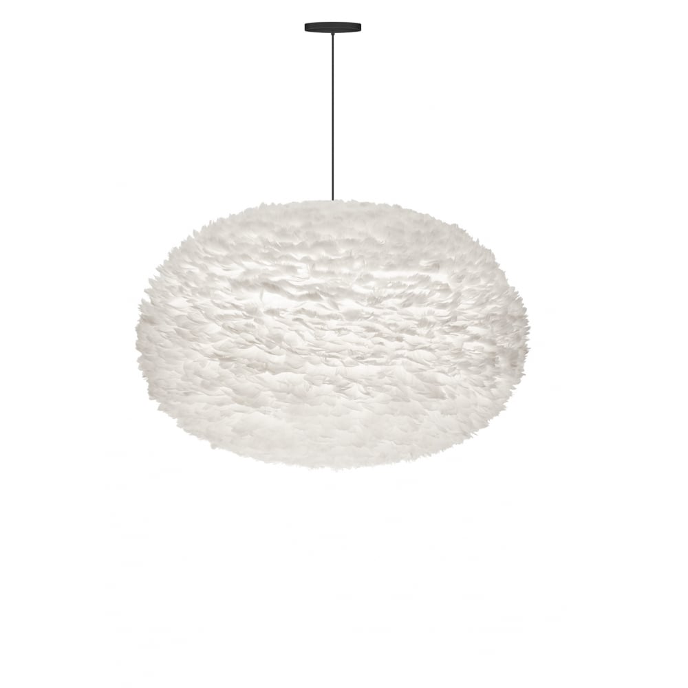 An extra EXTRA large and impressive easy fit ceiling shade featuring around 13,500 goose feathers in their natural white colour. The feathers are arranged to overlap, adding a dramatic textured effect to any modern setting.