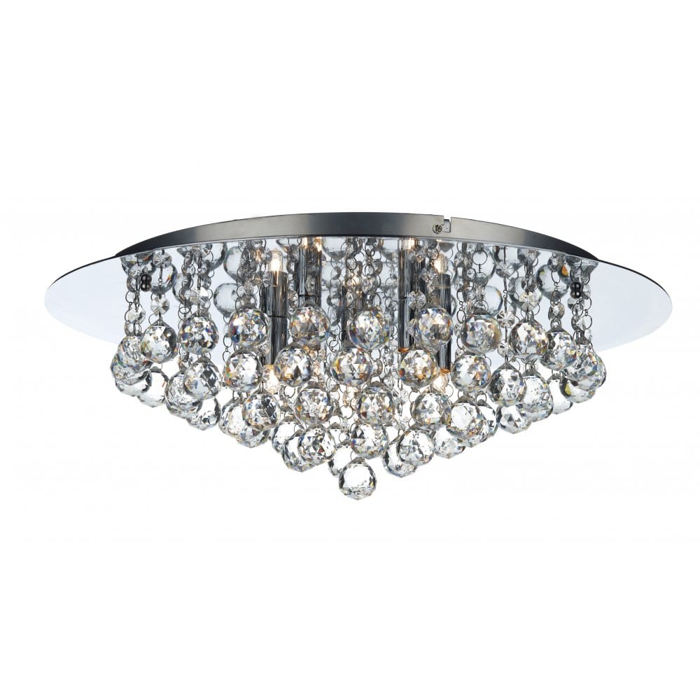 A modern flush ceiling chandelier style light fitting, which is perfect for homes complete with low ceilings. The circular chrome plate and shimmering luxe crystal decorations make a wonderful sparkly feature light.