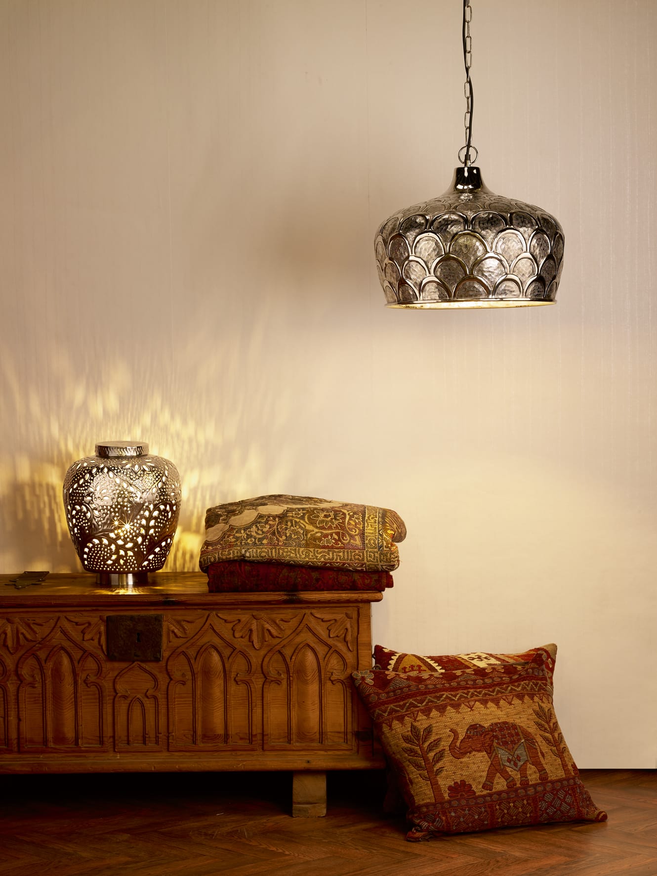 JAVIER Hand Hammered Ceiling Pendant and Table Lamp Polished Nickel | Lighting and Lights UK