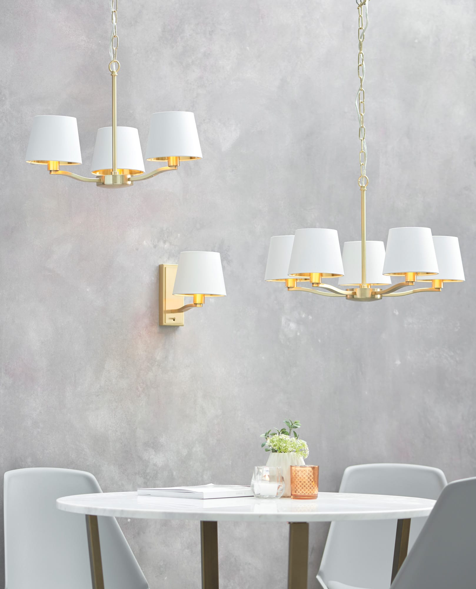 PROJECT: LIGHTING HARVEY 5 Light Ceiling Pendant Satin Gold & Vintage White Faux Silk Shades