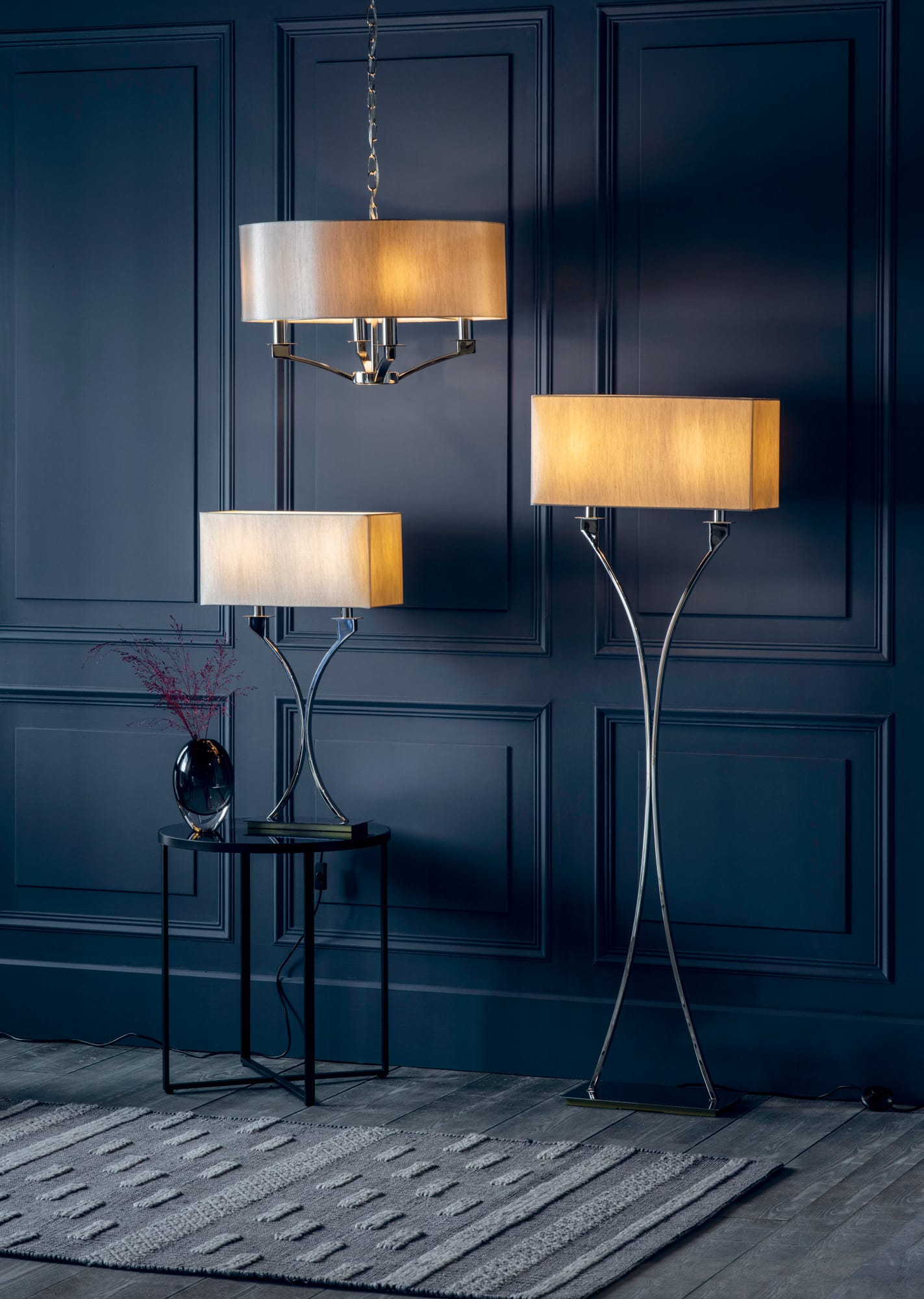 PROJECT: LIGHTING VIENNA 4 Light Ceiling Pendant Polished Nickel Finish & Beige Organza Fabric