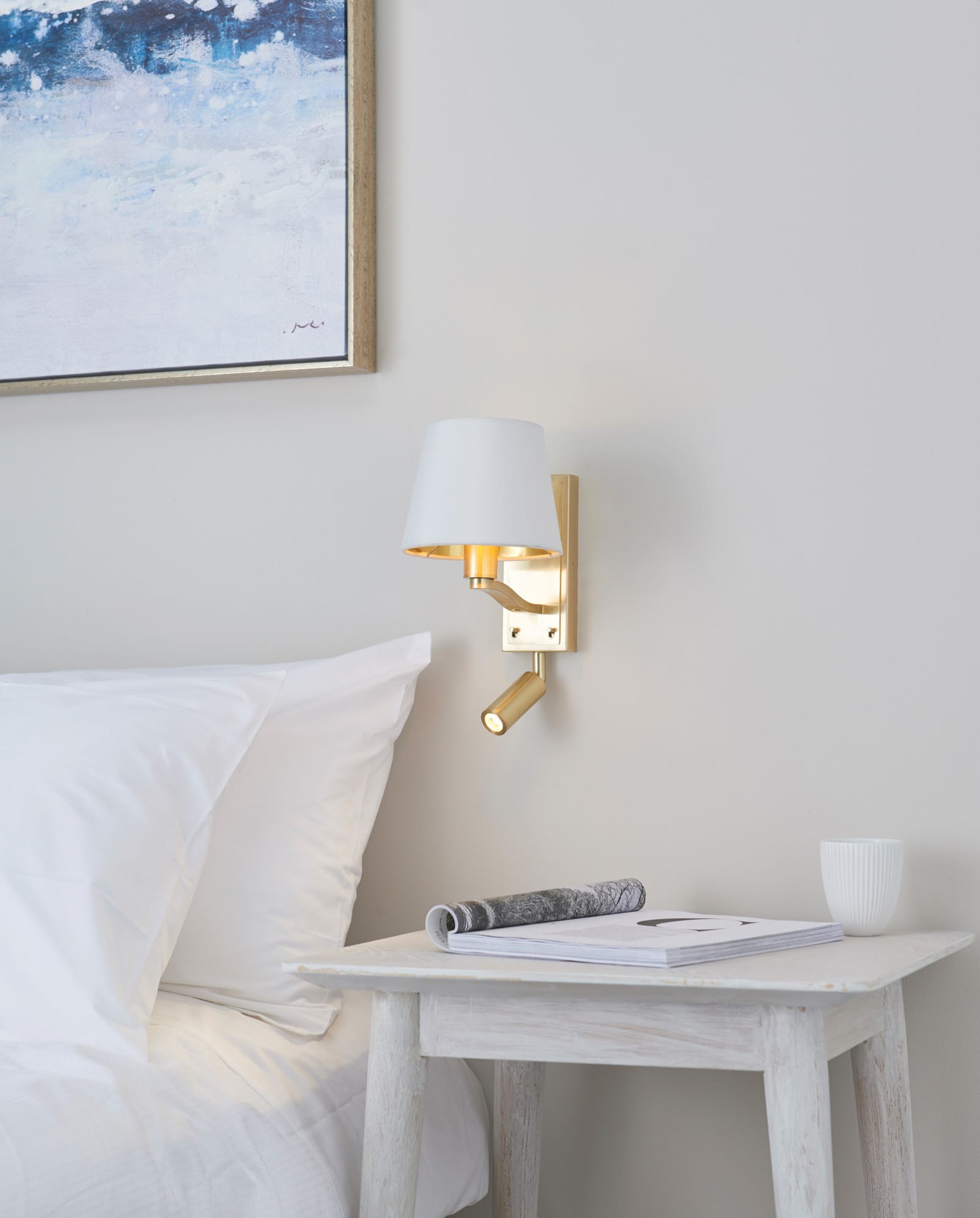 PROJECT: LIGHTING HARVEY 1 Light Wall Light & Spot & 3W Satin Brushed Gold Finish & Vintage White Faux Silk
