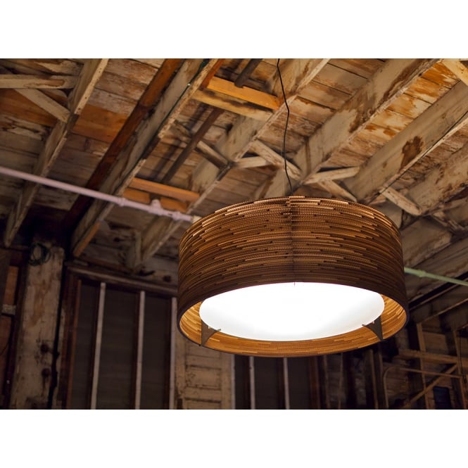 Nature inspired recycled cardboard ceiling pendant.