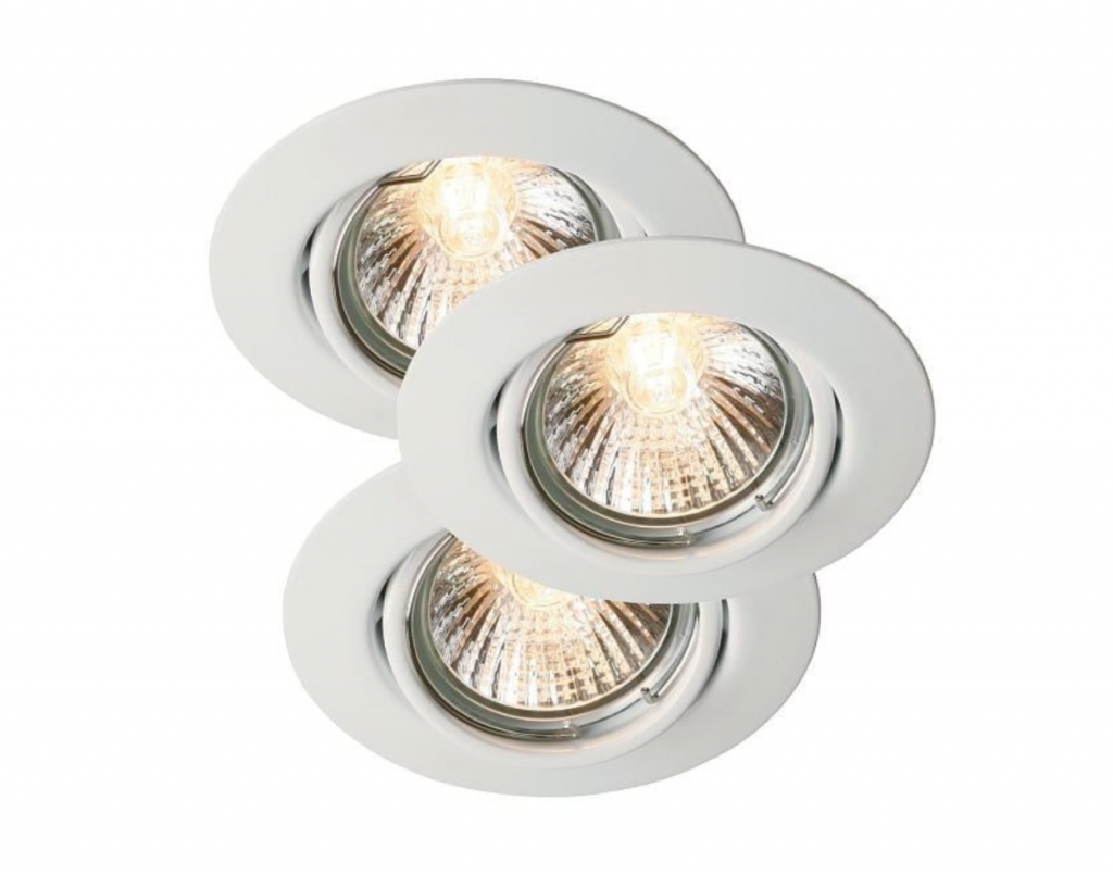 3 pack of recessed spot lights in white. Perfect for ceilings, they are double insulated, ensuring that it is safe to use without an earth cable.
