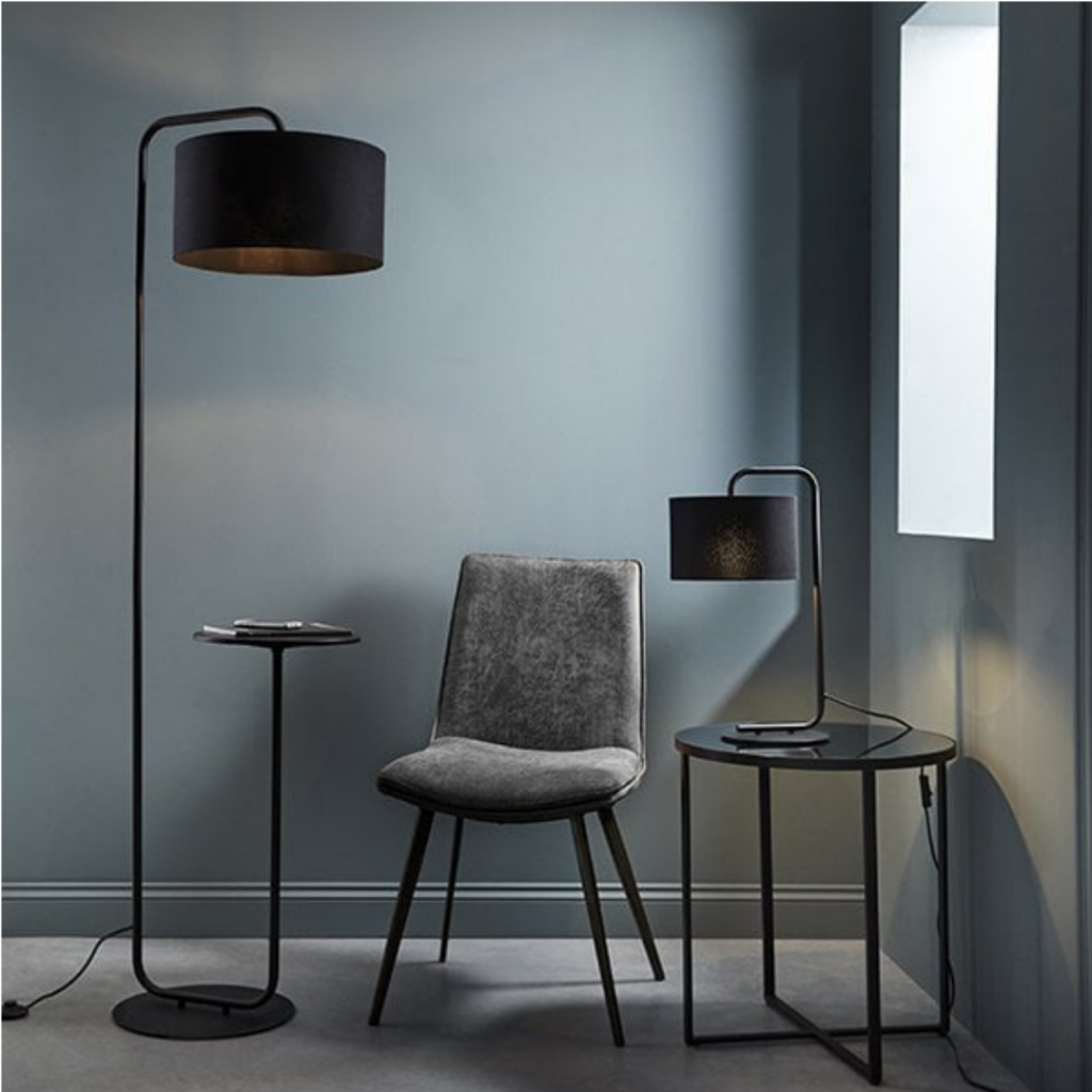 The Glory is a contemporary and unique light from Exemplar Lighting. This floor lamp, combines a standard floor lamp with an occasional table. With satin black painted metalwork and a luxe matching black fabric drum shade. This would be perfect beside your favourite arm chair for a reading nook or as an alternative for a bedside table.