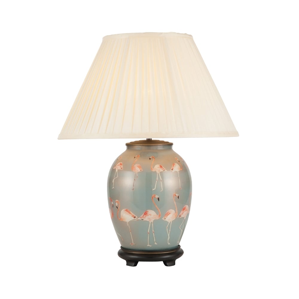 Jenny Worrall Flamingo Table Lamp. Hand painted with pale pick flamingos on a pale blue and gold background. base that sits on a bronze metal plinth that matched the lamp holder.