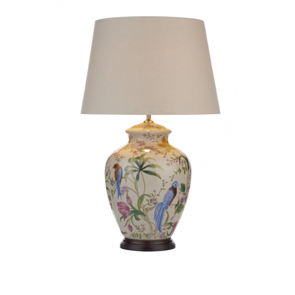 MIMOSA - Table Lamp White/ Floral/ Bird Base Only. A decorative design table lamp base in a pale cream finish with floral and bird design. The lamp sits on a wooden plinth and is inline rocker switched.