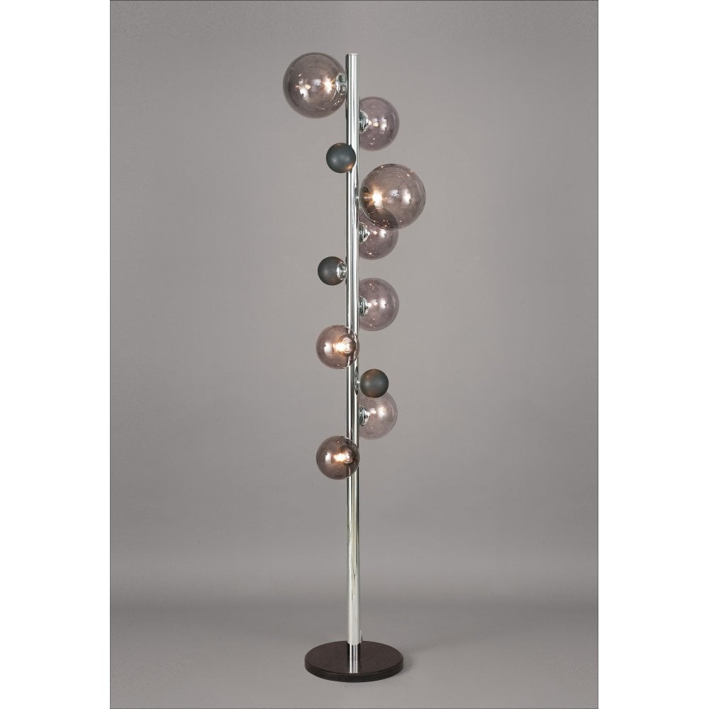 RYLEE 8 Light Polished Chrome Floor Lamp, Smoked Glass Globe Shades. A fun and inventive design, with smoked glass globe shades of altering sizes decorating the main stem.