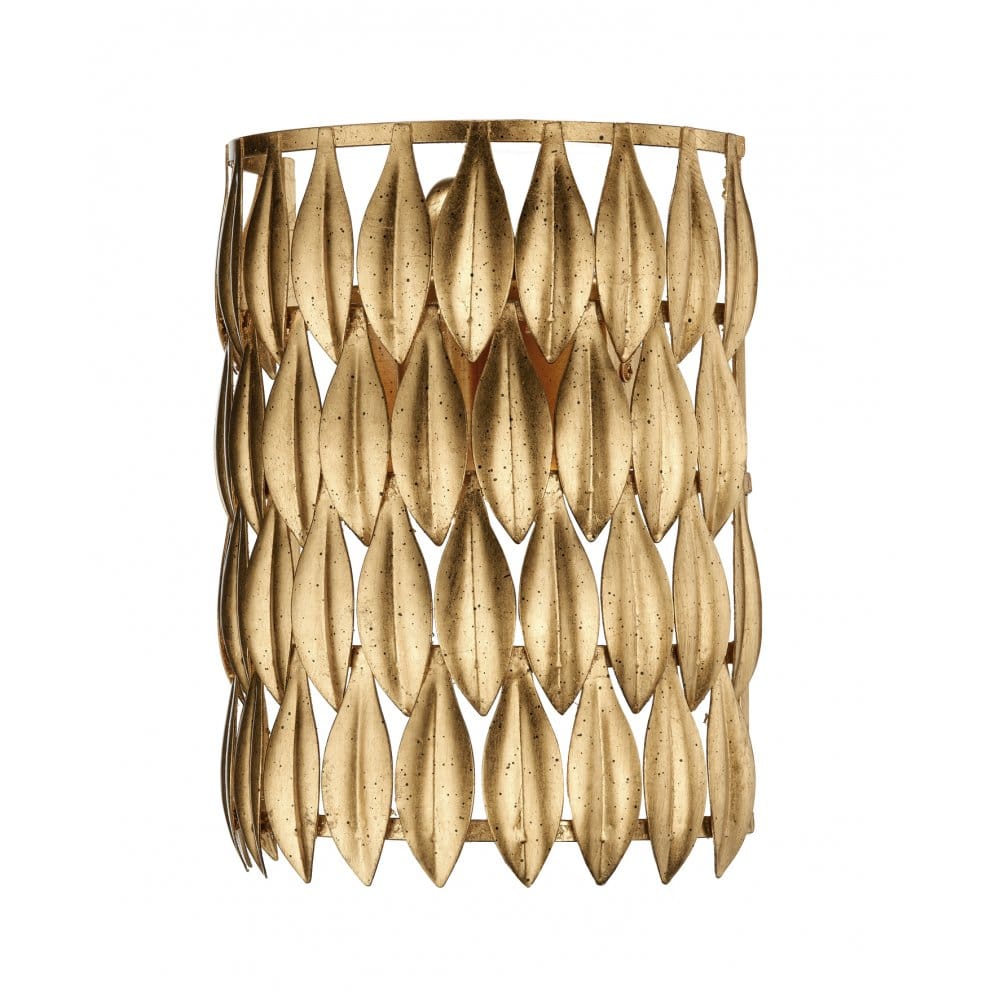 This wall light is made up of interlinked gold leaves in a curved design. This is 27cm high by 21cm wide. This sits 13cm away from the wall.
