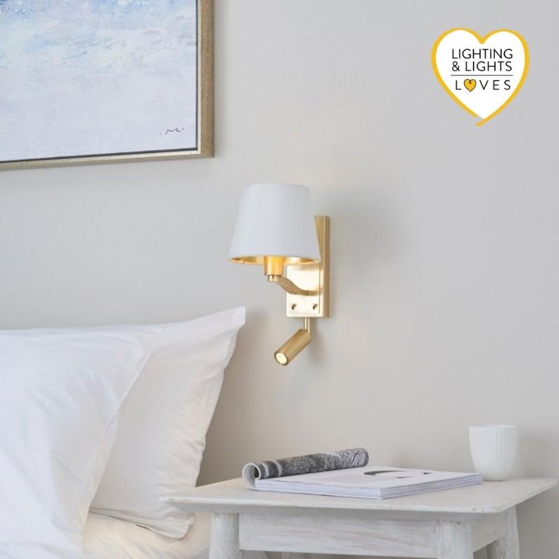 Wall Light & Spot & 3W Satin Brushed Gold Finish & Vintage White Faux Silk