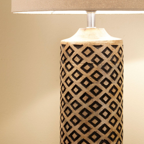 natural wooden table lamp with hand carved diamonds