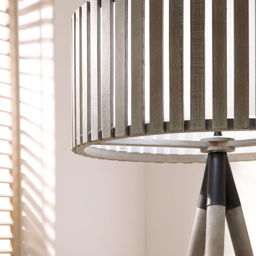 slatted wooden drum shade on tripod floor lamp
