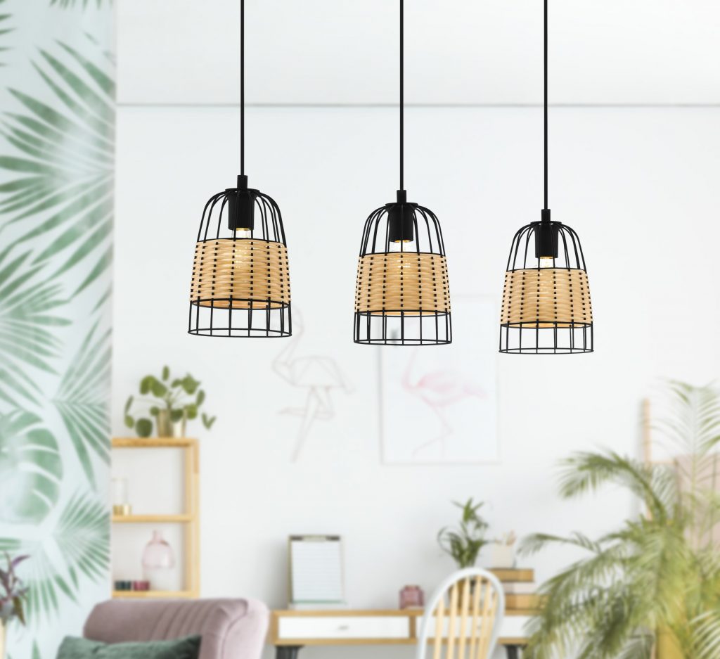 three light hanging bar pendant with black metal cage and rattan detail