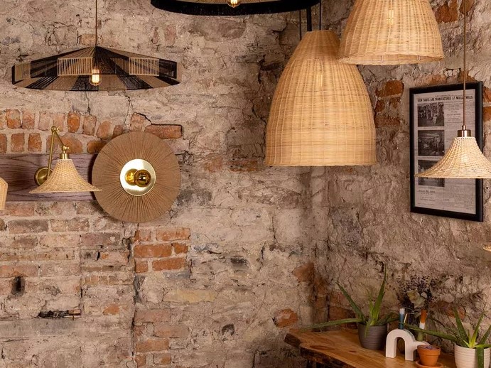 collection of rattan and raffia ceiling and wall lights