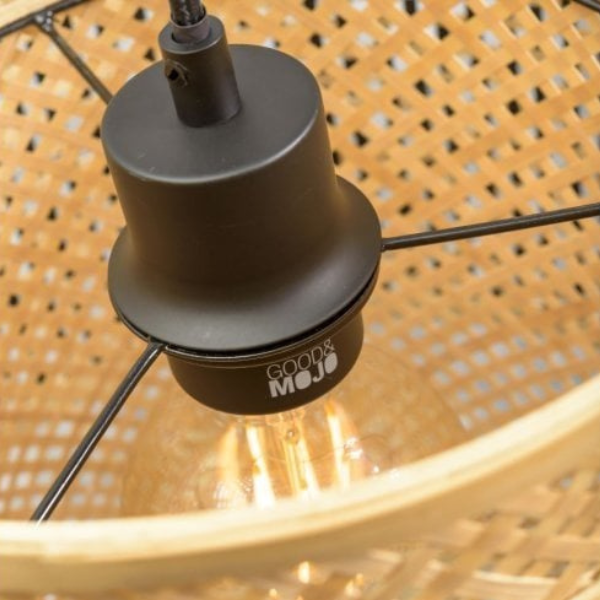 rattan ceiling light with black fitting close up