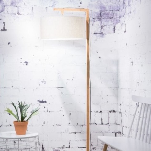 Bamboo over hanging floor lamp with cotton drum shade