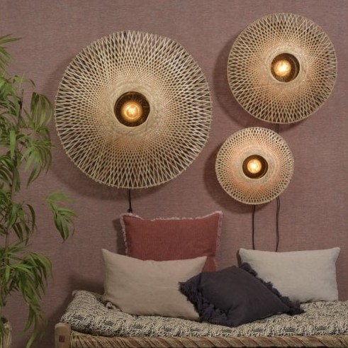 disc shaped bamboo wall lights in cluster of three