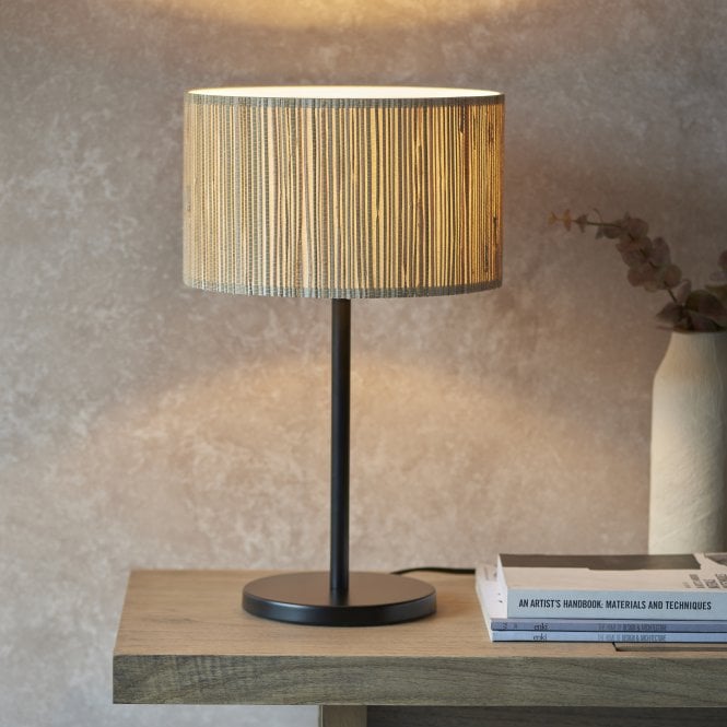 black metal table lamp base with seagrass drum shade