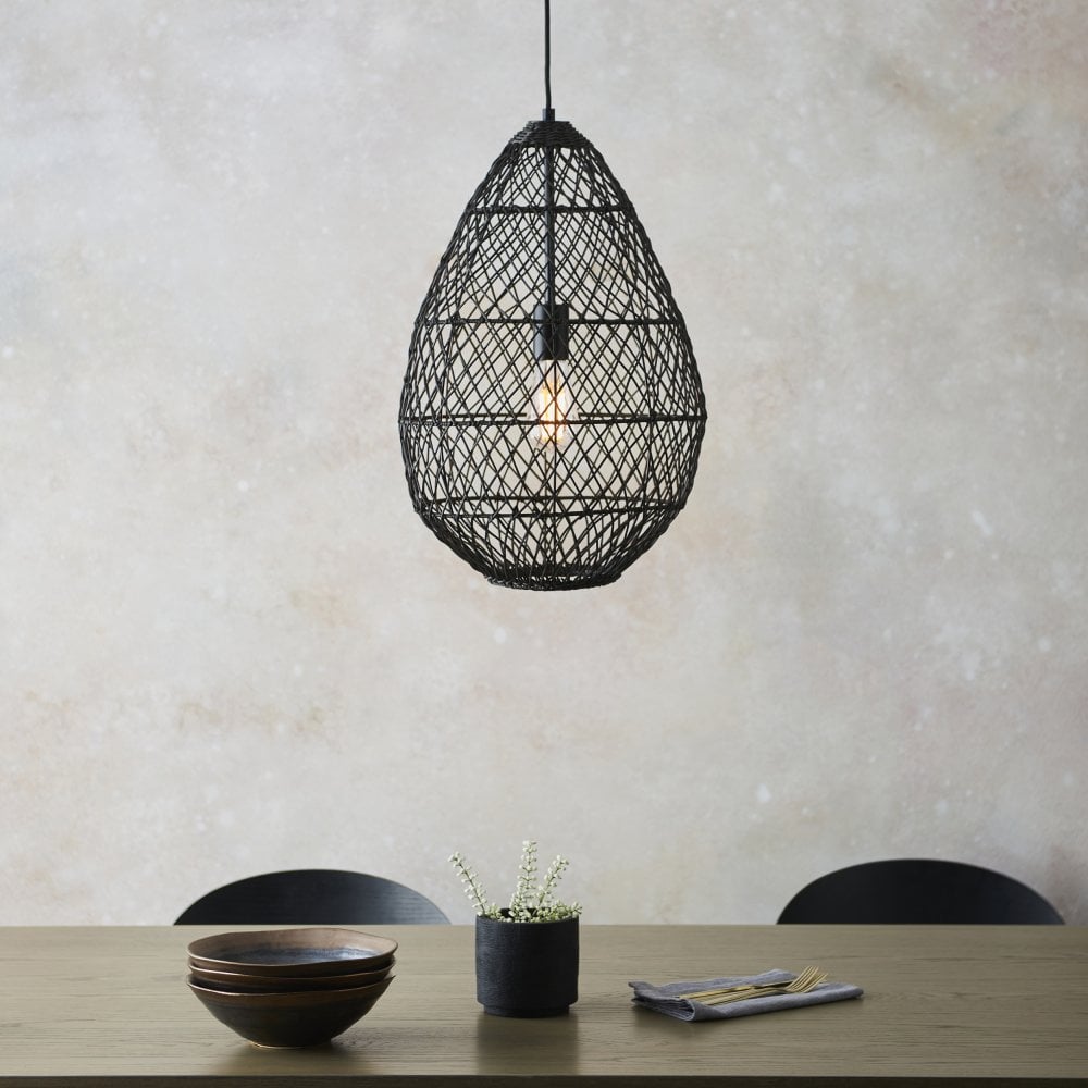 Black rattan teardrop woven ceiling pendant