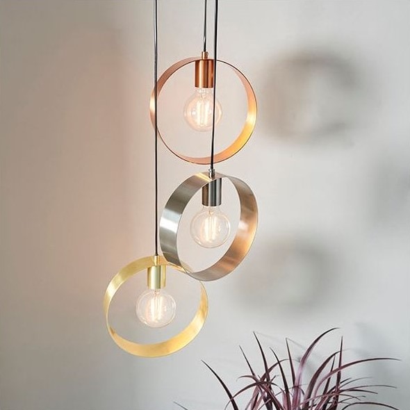 brass nickel and copper three light hoop ceiling pendant