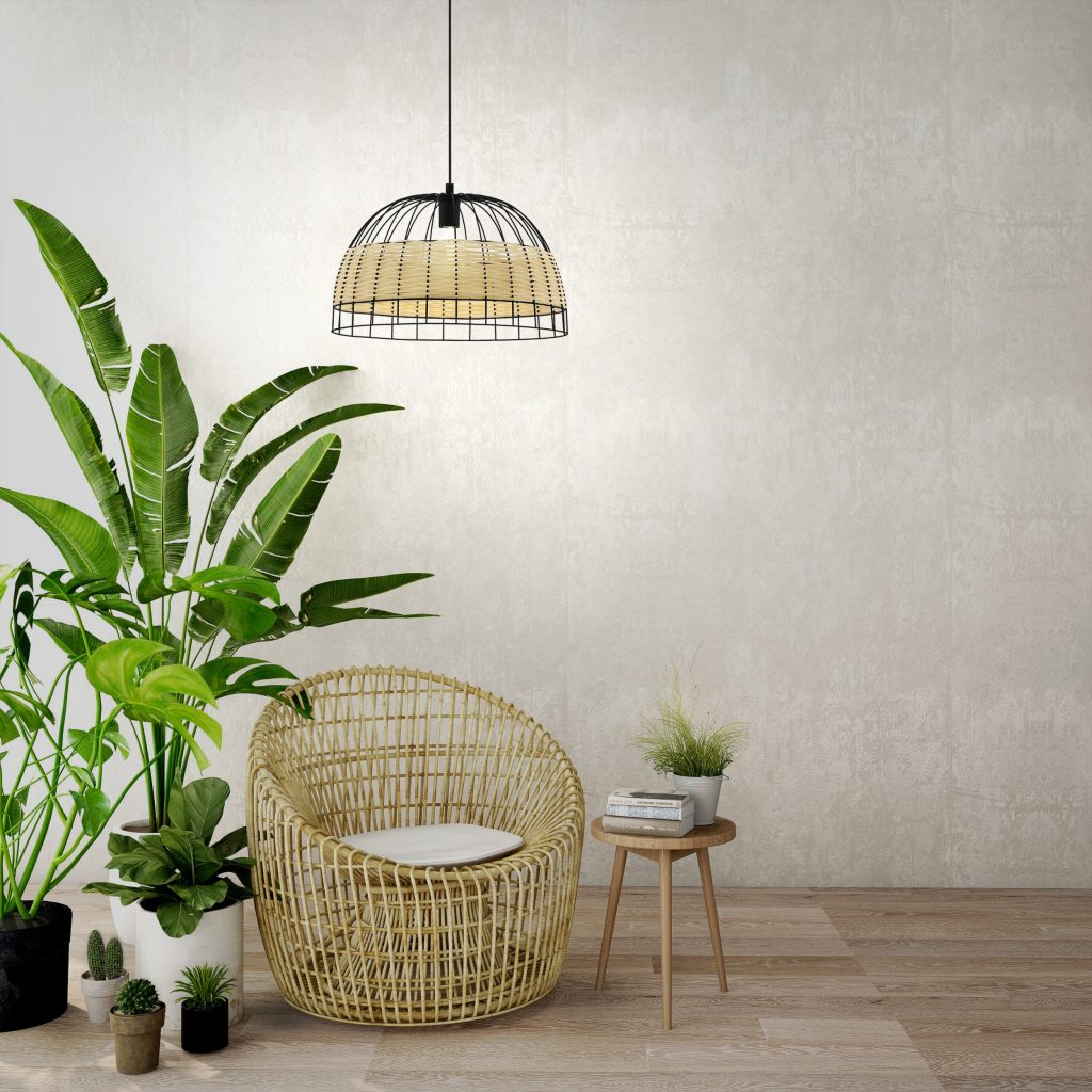 black metal frame ceiling pendant with woven rattan detailing