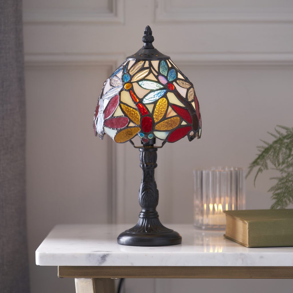 colourful tiffany style table lamp with dragonfly
