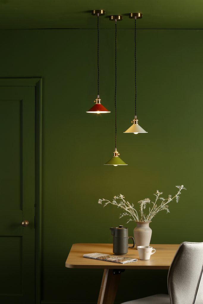 coloured metal coolie shades on a ceiling fitting