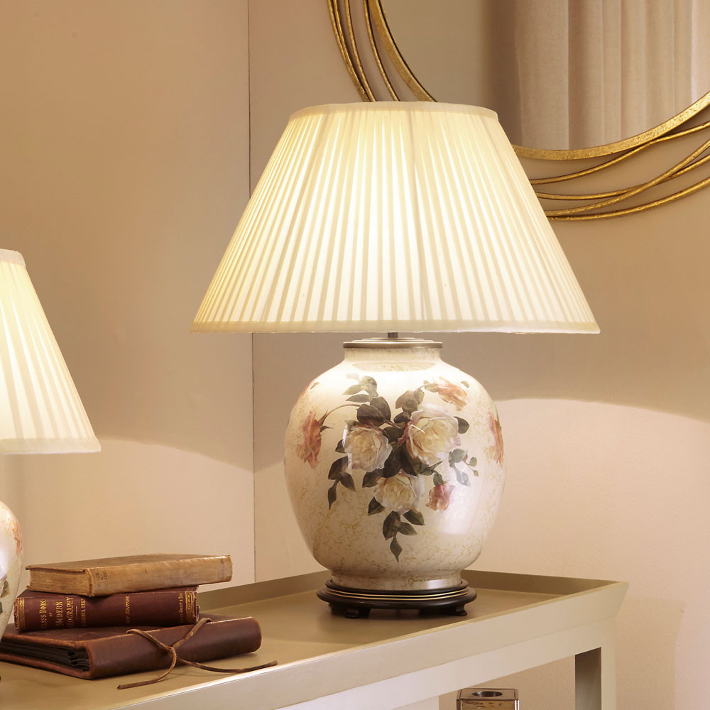 classic rose hand decorated glass table lamp with pleated empire shade