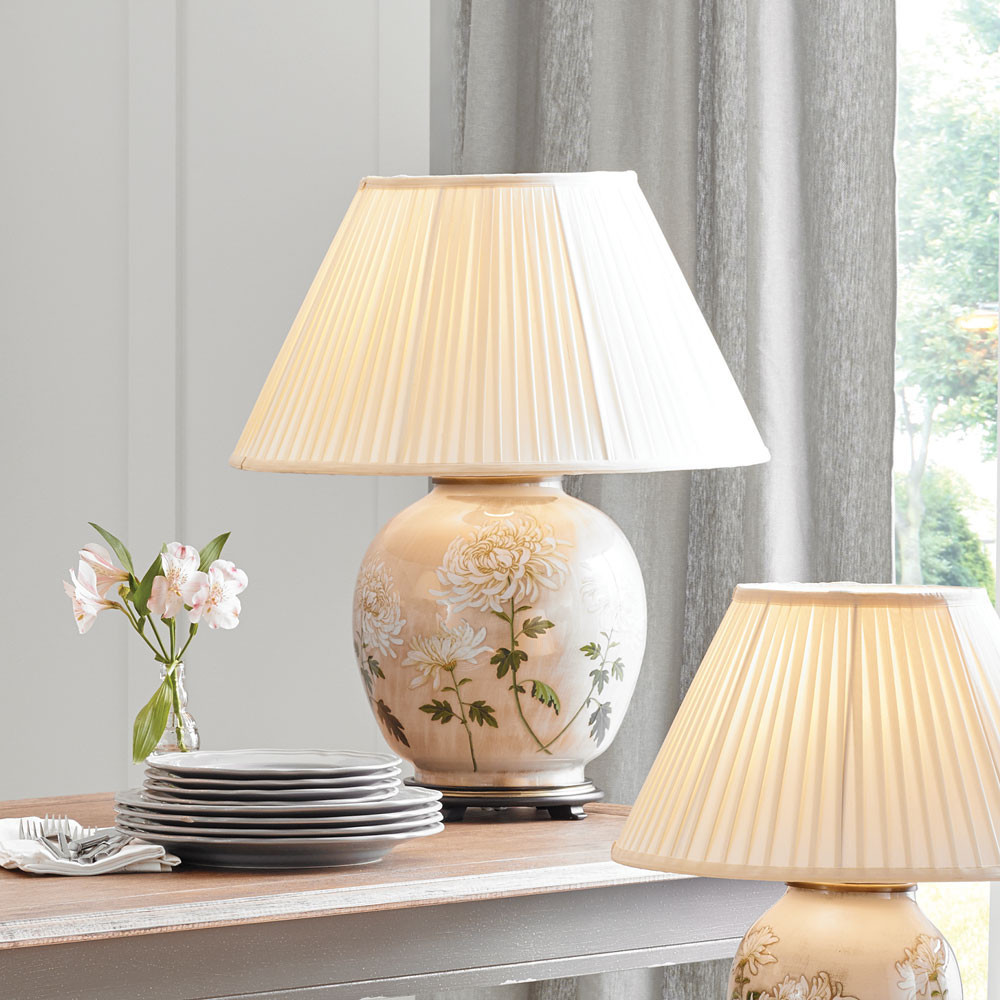 white chrysanthemum glass table lamp with pleated shade