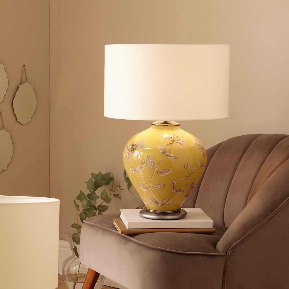 yellow honeysuckle glass table lamp with drum shade