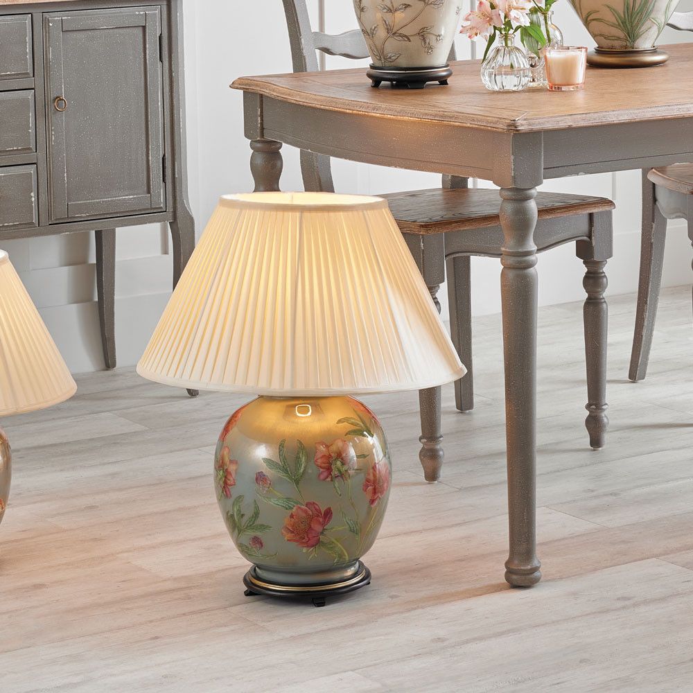 large glass table lamp blue with red peony pleated shade
