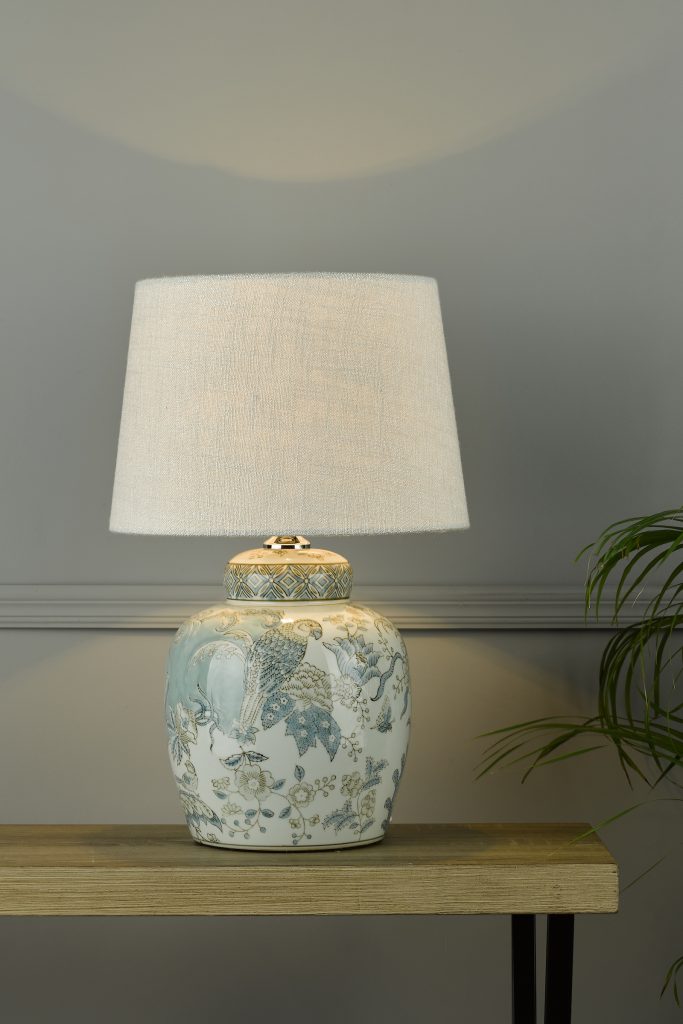 floral pattered ceramic table lamp with cream empire shade