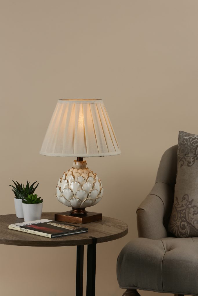 cream artichoke table lamp with pleated shade