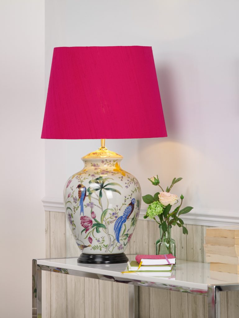 exotic birds ceramic table lamp with hot pink shade