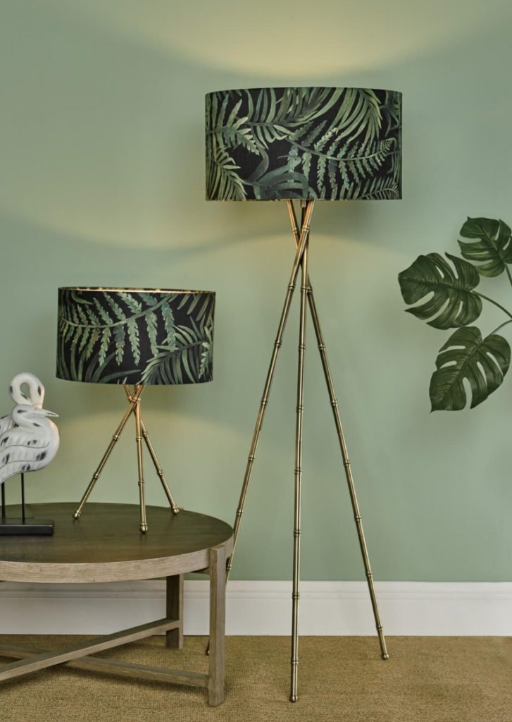antique brass bamboo sculpted tripod floor and table lamp with green leaf print shades