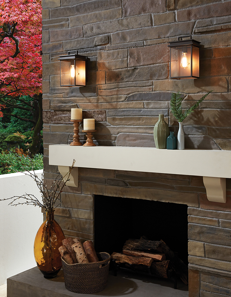 outdoor wall lantern above fireplace
