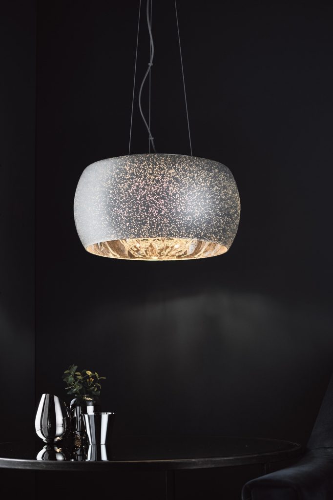 silver glass five light pendant with clear glass drops