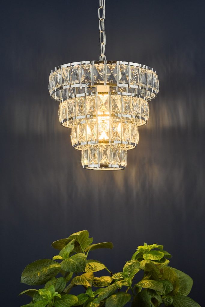 polished chrome and crystal tiered ceiling pendant