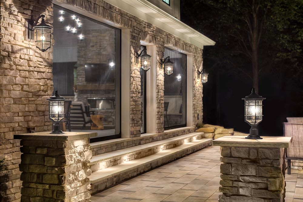 outdoor pedestal lanterns with matching wall lights