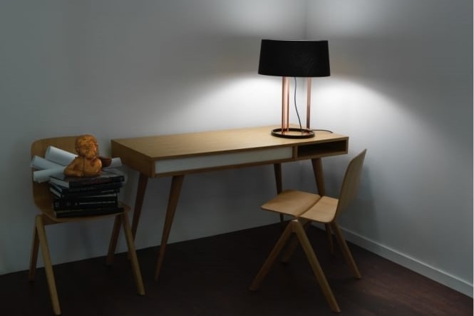 large black and copper table lamp