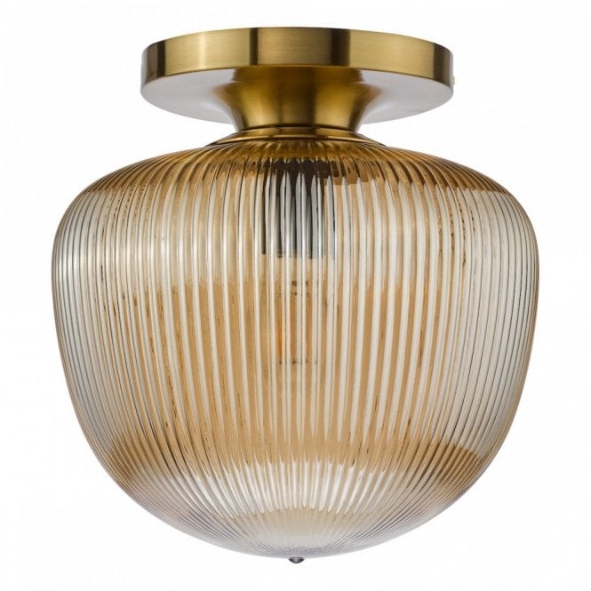 Abrielle Flush Ceiling Light - Brushed Bronze with Amber Ribbed Glass
