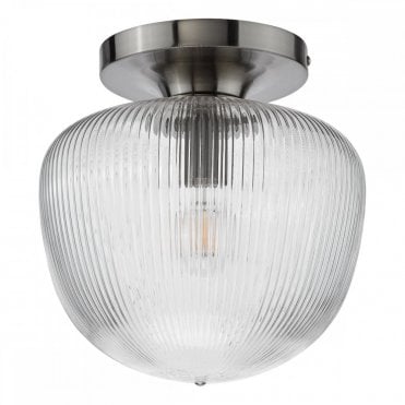 polished nickel flush ceiling light with ribbed glass