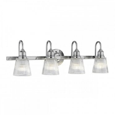 4 light wall bar light for Bathrooms in chrome with ribbed glass shades
