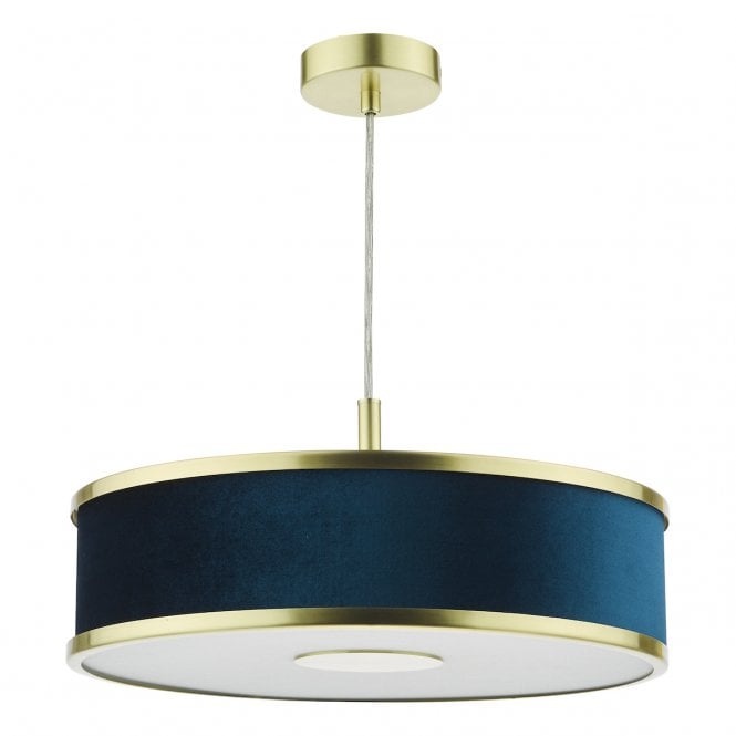 Alvaro 3 Light Ceiling Pendant - Brushed Brass and Blue Velvet