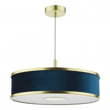 3 light pendant in brushed brass with blue shade
