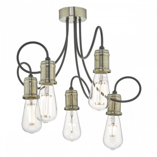 ALZBET 5lt Semi Flush Retro Antique Brass & Black Bare Bulb Look