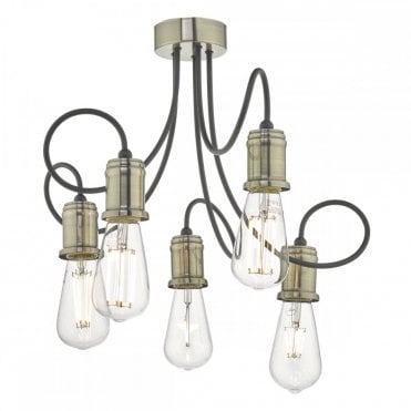 ALZBET 5lt Semi Flush Retro Antique Brass & Black Bare Bulb Look