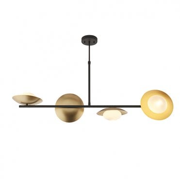 Gold And Bronze Dish Linear Pendant With Opal Pebble Shaped Glass